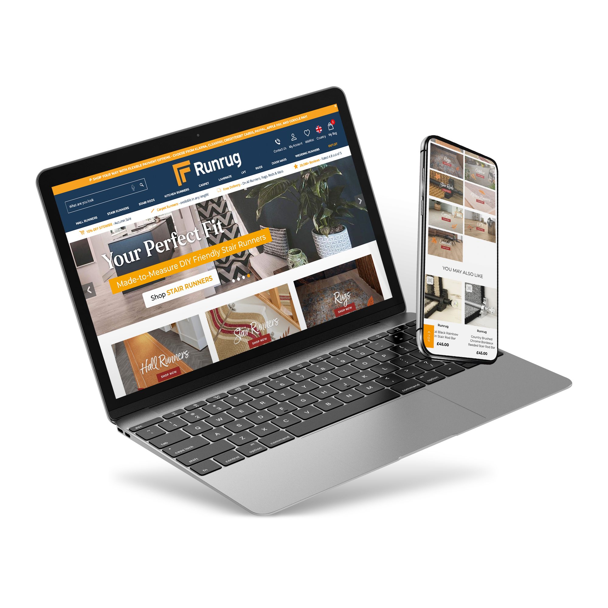 Laptop and phone screen with Runrug's website