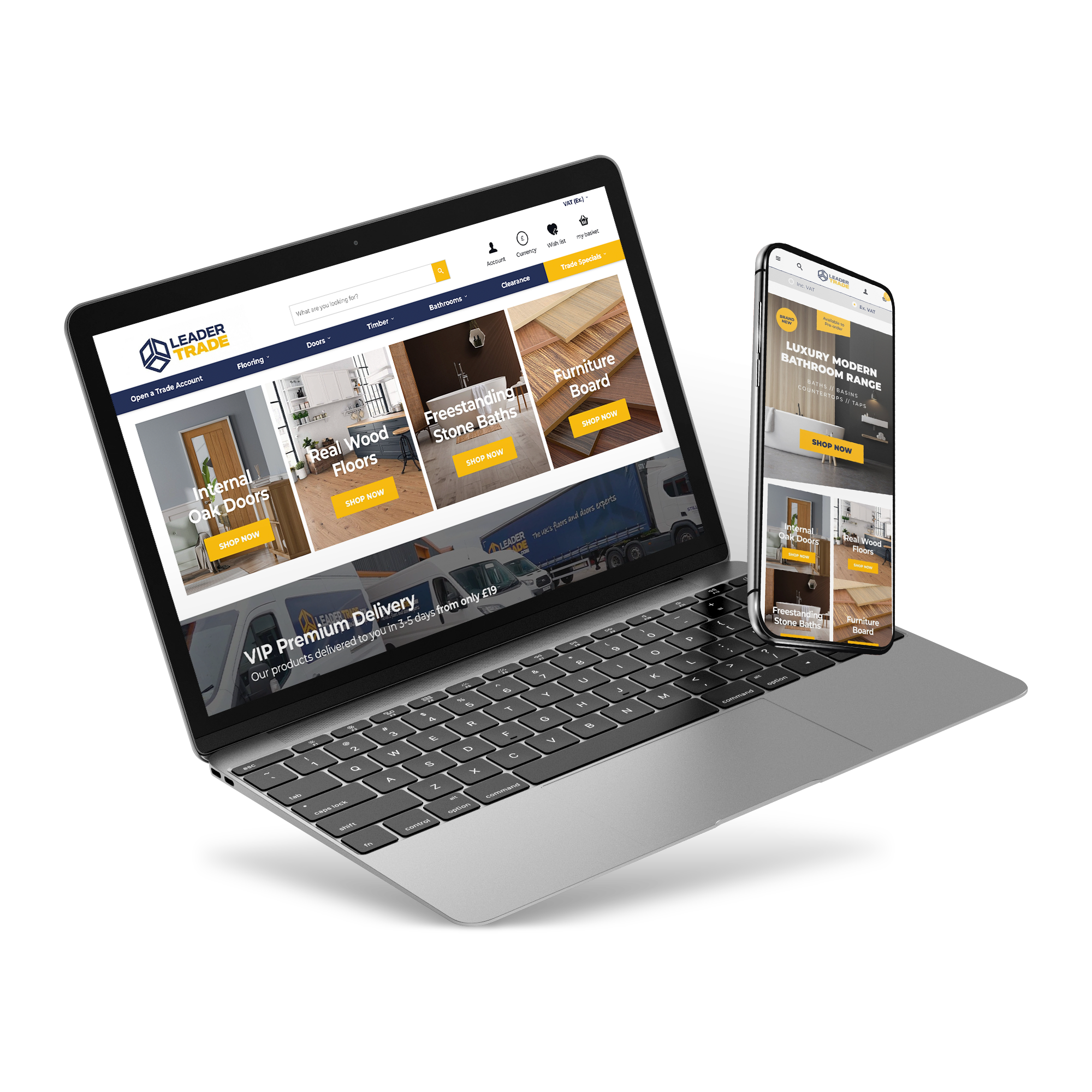 Laptop and phone screen with Leader trade's website